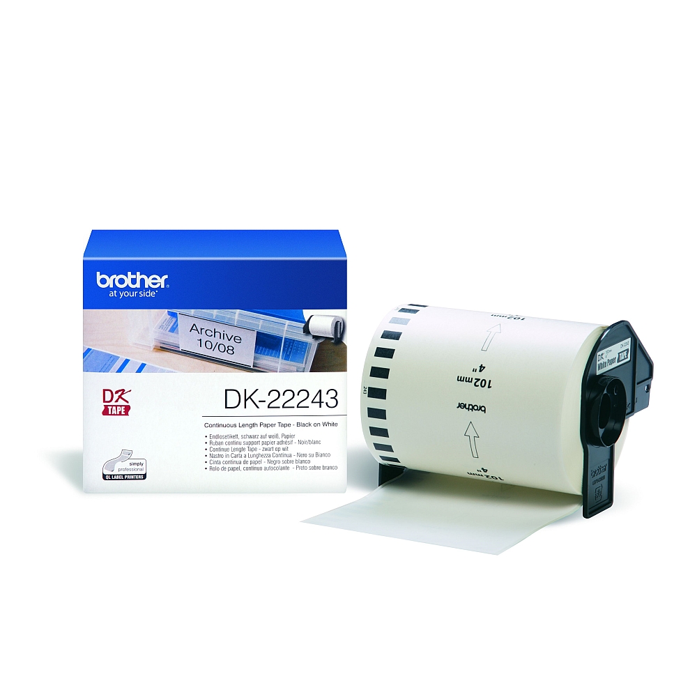 Brother DK-22243 White Continuous Length Paper Tape 102mm x 30.48m, Black on White