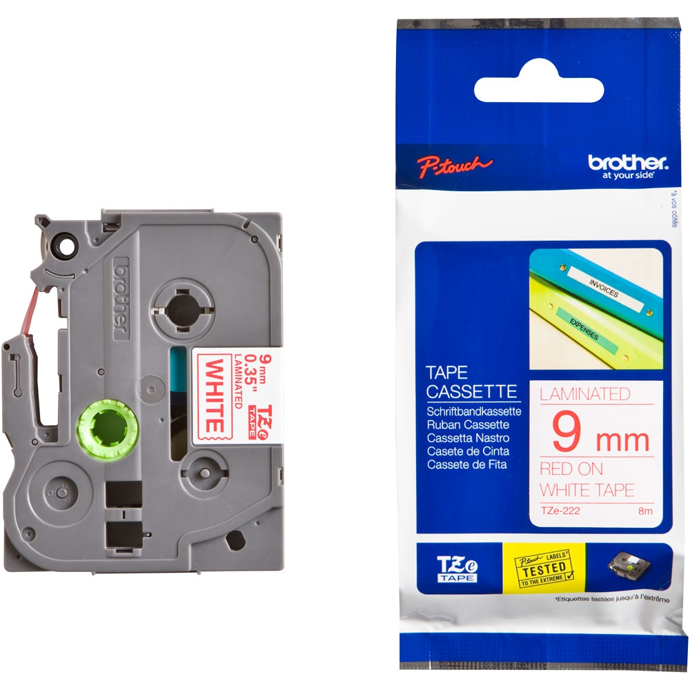 Brother TZe-222 Tape Red on White, Laminated, 9mm, 8m - Eco
