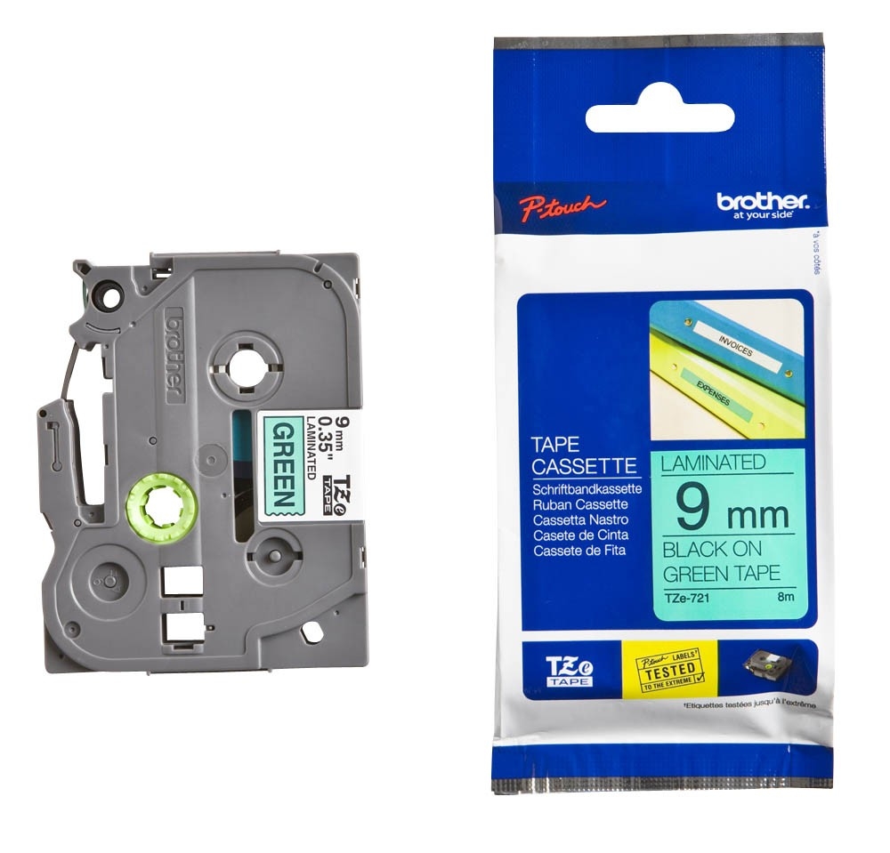 Brother TZe-721 Tape Black on Green, Laminated, 9mm, 8m - Eco