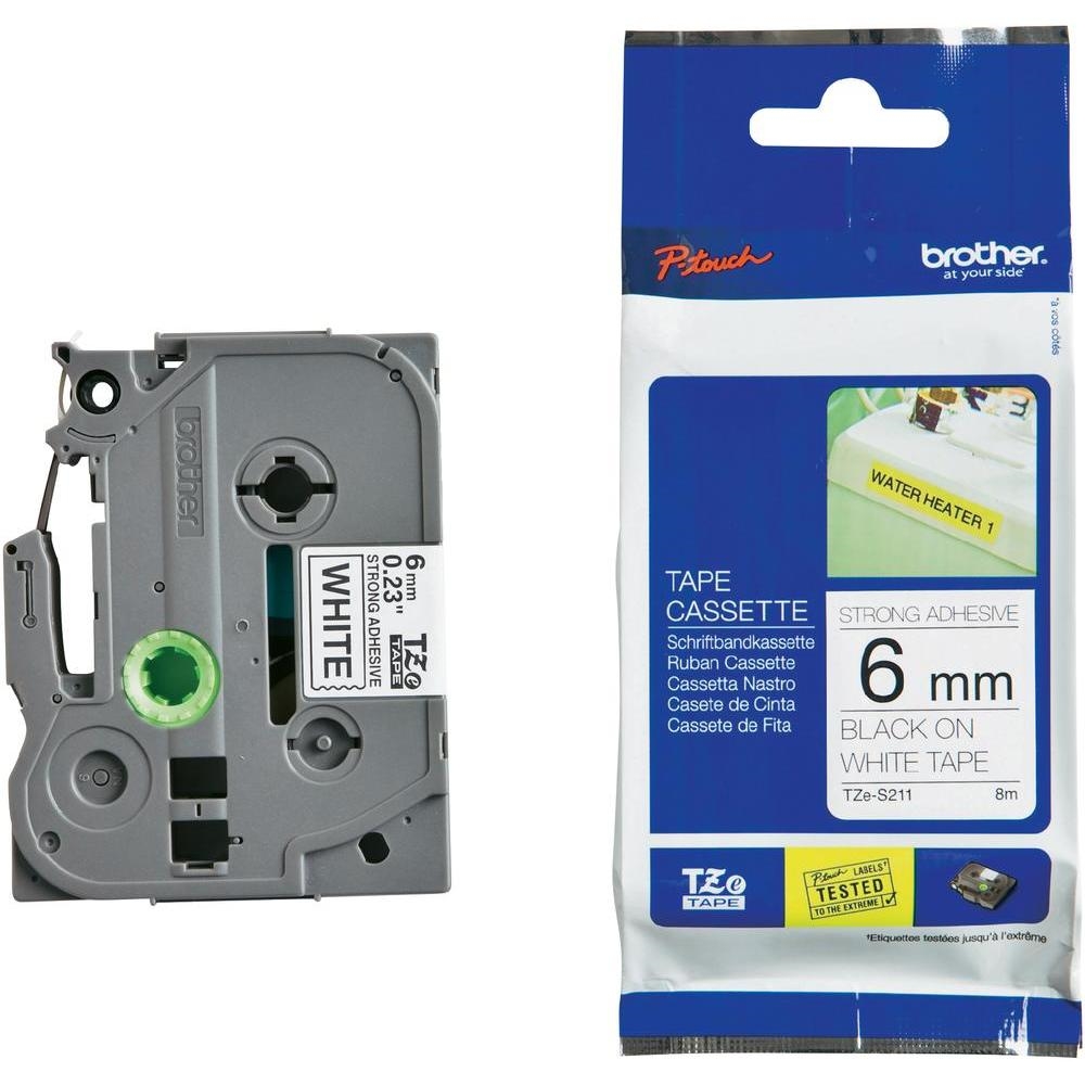 Brother TZe-S211 Tape Black on White, Strong Adhesive, 6mm, 8m Eco