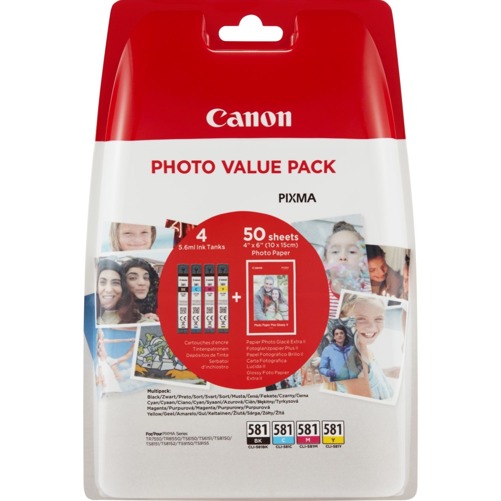 Canon CLI-581 C/M/Y/BK Multi Pack + 50 sheets 4x6" Photo Paper (PP-201)