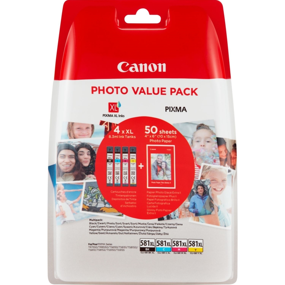 Canon CLI-581 XL C/M/Y/BK Multi Pack + 50 sheets 4x6" Photo Paper (PP-201)