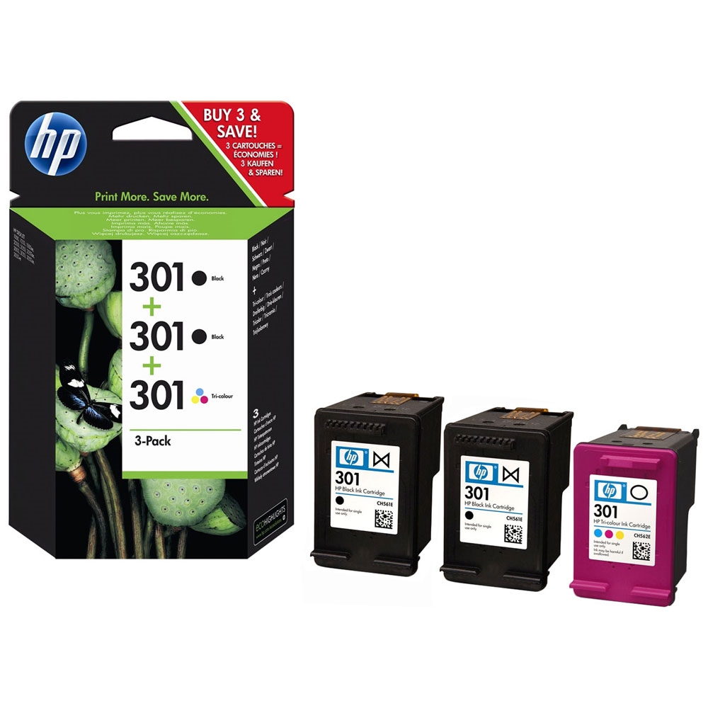 HP 301 Black (2)/Tri-color (1) 3-pack Original Ink Cartridges