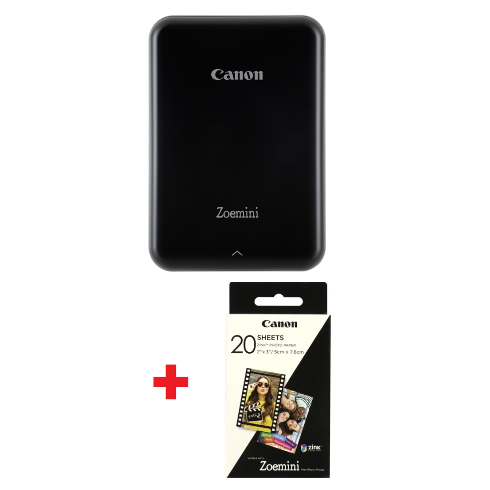 Canon Zoemini pocket-sized printer with Bluetooth, Black and Slate Grey + Canon ZINK Paper 20 sheets for Zoemini
